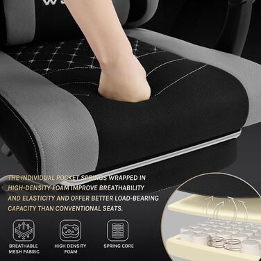 Ігровий крісло WOLTU з масажем, комп'ютерне ергономічне крісло, кишенькові пружинні подушки, поперекова масаж, підголовник, підніжка, поворотне крісло, 150 кг, Рожевий+Білий (Чорний+сірий, сітчаста тканина)