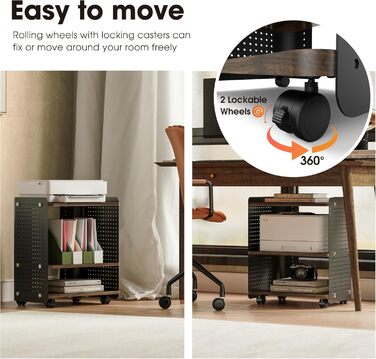 Робочий стіл для принтера Fenge з колесами, мобільний тримач для принтера з перфорованою панеллю, 3 рівні, стійка для принтера/рол-контейнер з органайзером, полиця, шафа для офісу та дому, 45,3x33,5x53,5 см (Коричневий+Чорний)