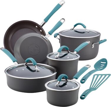 Набір посуду Rachael Ray Cucina Harteloxiertes Antihaft, Тöpfe und Pfannen, алюміній, сірий з блакитними ручками