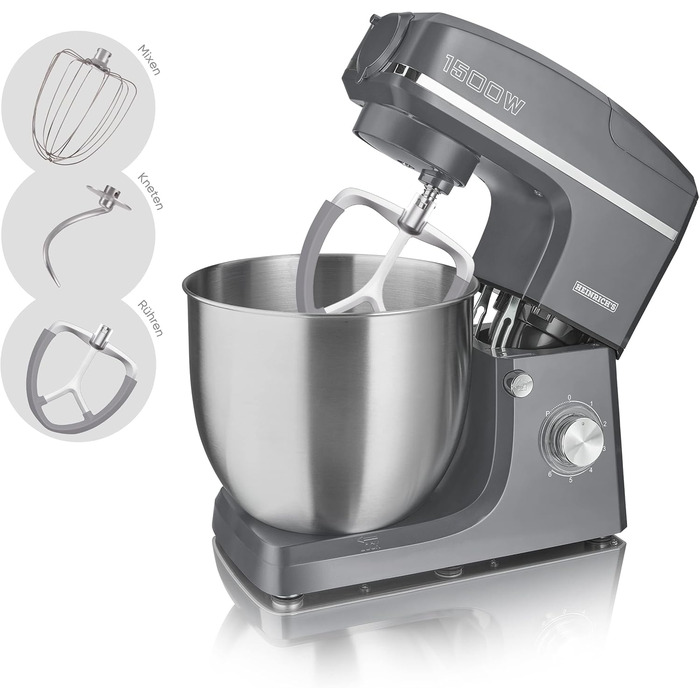 Кухонний комбайн HEINRICHS 3-в-1: міксер, кухонний прилад, м'ясорубка, 1500W, 6 швидкостей, 1.5л, 10л чаша, сірий