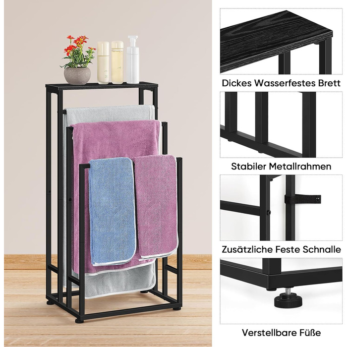Підставка для рушників Smusei, чорна вінтажна, 3-ярусна, з полицею з дерева, 40x30x82 см