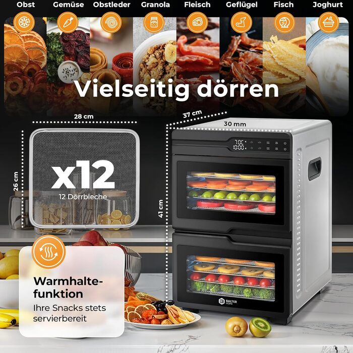 Електрична сушарка для фруктів та овочів Balter з нержавіючої сталі, 12 ярусів, 1100 Вт, 70 л, 12000 см² поверхні сушіння, BPA-free, 35–75 °C, таймер до 72 год, 2 камери