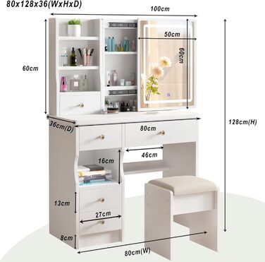 Дзеркальний туалетний столик DATO з LED-підсвічуванням, 3 колірні температури та регулюванням яскравості, з пуфом, 5 шухляд та 3 полиці, з розсувним дзеркалом (T68)
