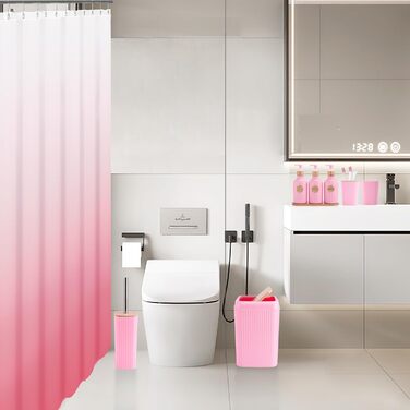 Набір для ванної кімнати 17 предметів: аксесуари для ванної, мийка, диспенсер для миючого засобу, тримач для зубних щіток, 6 дерев'яних гачків, аксесуари для кухні та ванної кімнати (Рожевий 1, Набір для ванної + штора для душу)