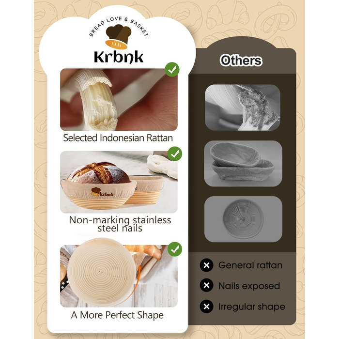 Набір для приготування закваски для початківців: бродові корзини (22.9 см та 25.4 см), склянка для закваски 1000 мл, аксесуари для випічки з індонезійського ротангу