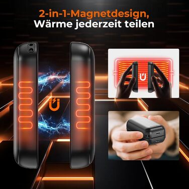 Електричні грілки для рук 2-в-1 з магнітом - 6000 mAh, USB, з брелоком, 3 режими нагріву до 55°C, ультралегкі та тонкі, для кемпінгу