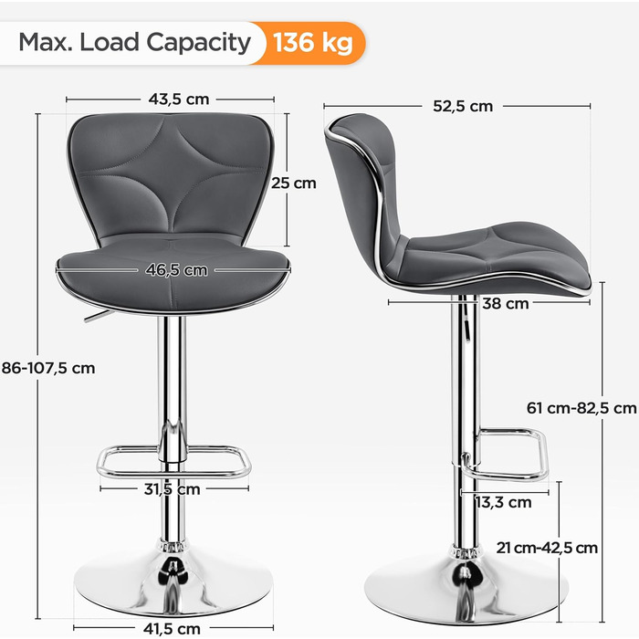 Набір барних стільців Yaheetech, регульований по висоті 61-85 см, до 136 кг, зі спинкою, темно-сірий (4 шт.)