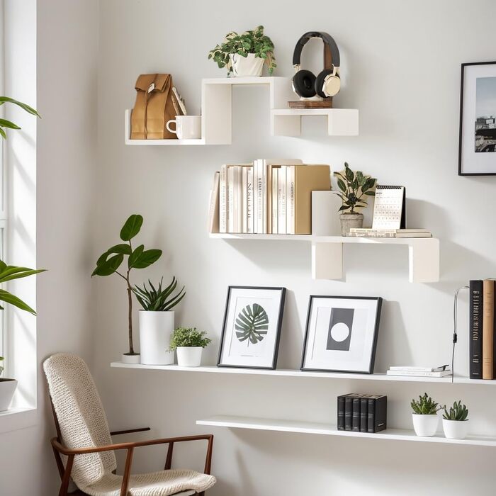 Полиця настінна SRIWATANA біла 5 шт., дерев'яна, плаваючі полиці до 40 кг, сучасна настінна дошка для декору, DIY монтаж для вітальні, ванної, спальні, офісу, кухні (білий)