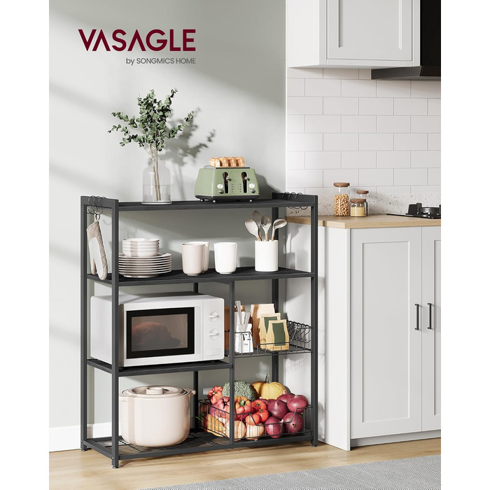 Стійка для кухні VASAGLE з 2 металевими кошиками, пекарська стійка з гачками та полицями, для мікрохвильової печі, 35 x 80 x 93,5 см, золотий дуб + білий (антрацитовий сірий + чорний)