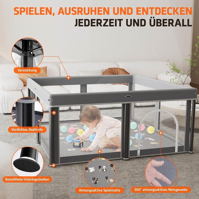 Дитячий портативний ігровий центр (laufstall) з матом, 127x127x69 см. Безпечний та зручний для дому та на вулицю. В комплекті 50 кульок.