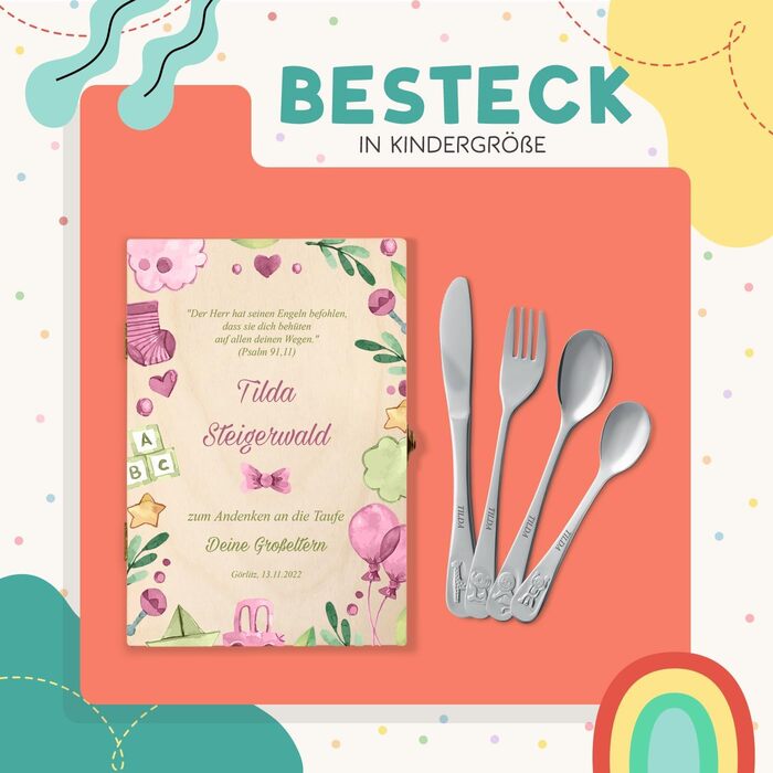 Набір дитячого столового прибору Maverton Kinderbesteck з гравіюванням + дерев'яна коробка з надруком - з тваринами, з нержавіючої сталі, коричневий - подарунок для дівчинки на день народження, хрещення, народження - різдвяні подарунки - ведмедик (мотив)