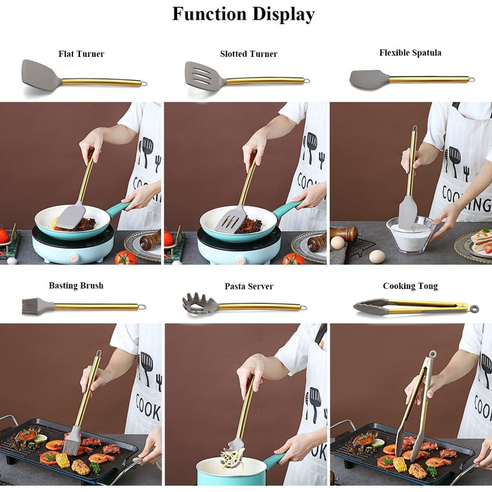 38-ти елементний набір кухонного посуду з силікону з підставкою для інструментів, силіконовими головками та нержавіючою ручкою, кухонні аксесуари, набір кухонних інструментів (сріблястий)