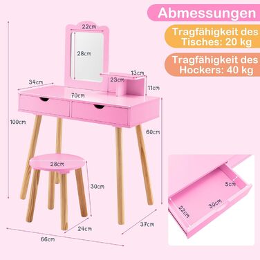 Детский туалетний столик COSTWAY 2-в-1 зі стільчиком та дзеркалом, з шухлядами, для дівчаток 3-7 років (Рожевий, без підсвічування)