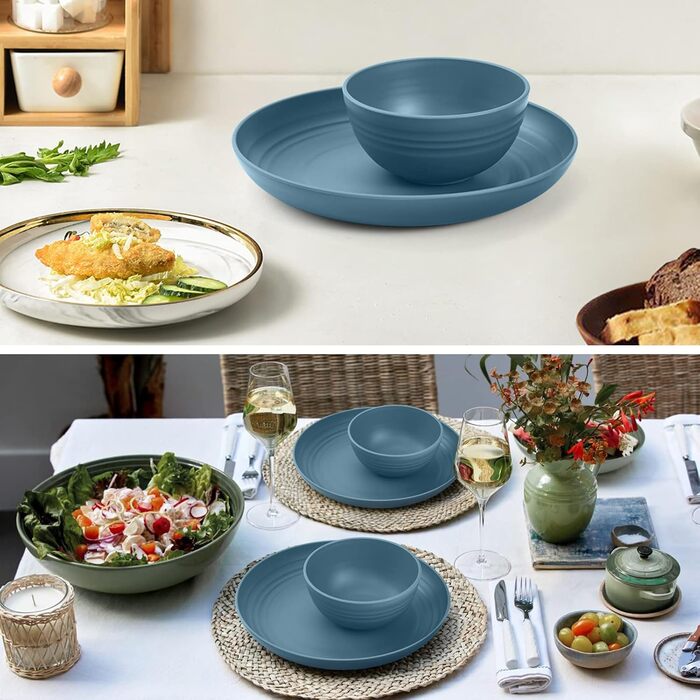 Набір посуду Odoland на 4 особи, 17 предметів: тарілки, миски, чашки (блакитний)