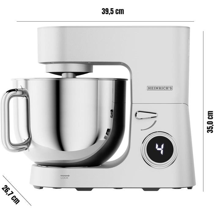 Кухонна машина Heinrichs 2500W з подвійним гаком для тіста, міксером та вінчиком, 8 швидкостей, чаша 8л з нержавіючої сталі, тиха, колір 