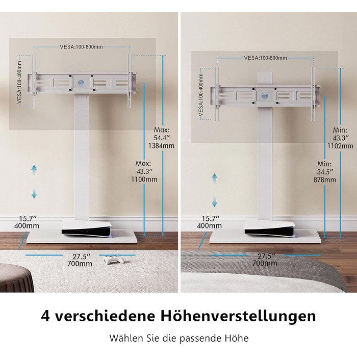 Підлогова підставка для телевізора FITUEYES регулюється по висоті, поворотна на 50-85 дюймів, макс. 50 кг, VESA 800x600 (білий)