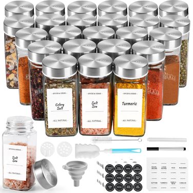 Набір скляних банок для спецій з дерев'яними кришками з акації, 24 шт по 120 мл (кутові)