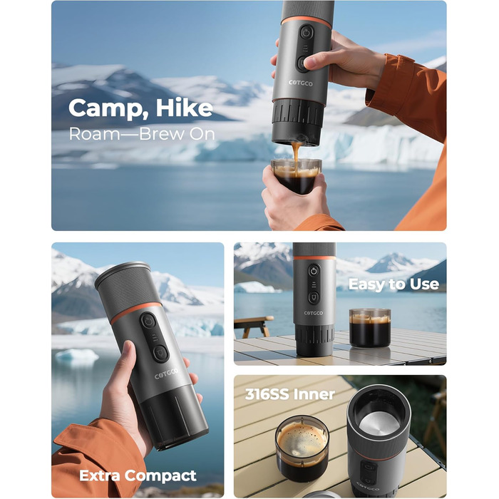 Портативна кавомашина для еспресо COTGCO 20 bar з акумулятором 13500mAh | Сумісна з капсулами Nespresso | Для кемпінгу, авто, офісу - сірий колір