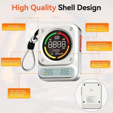 Портативний детектор чадного газу 3-в-1 з перезаряджаємою батареєю, сенсор на 10 років, 200 годин роботи для подорожей, кемпінгу, намету, автодому, дому, кухні