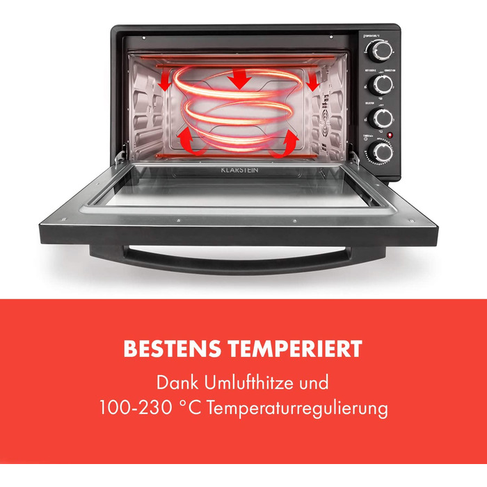 Міні-піч Klarstein Masterchef: 60 л, об'єм 60 літрів, з конвекцією, обертовим шампуром, таймером, подвійним склом, нагрівом зверху та знизу, з нержавіючої сталі, 2000 Вт, чорний колір