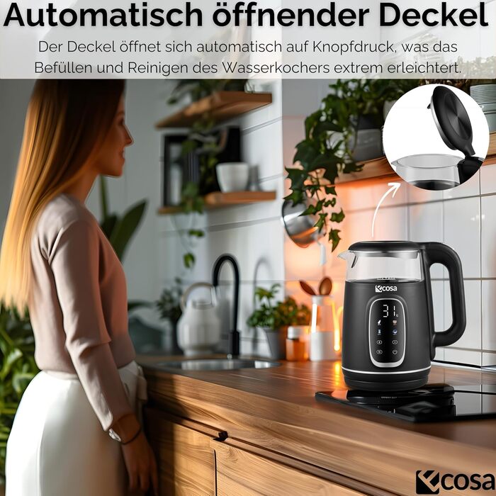 Електричний чайник Ecosa® зі скляною колбою та нержавіючою сталлю, 1,7 л, 2200 Вт, регулювання температури 40°C-100°C, підігрів, LED-підсвічування (Black Pearl)