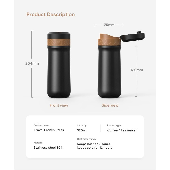 RECAFIMIL Французький прес для кави: портативна модель з нержавіючої сталі, 350 мл, ідеально підходить для кемпінгу та подорожей