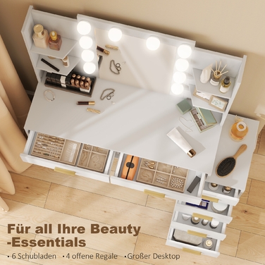 Туалетний столик з підсвічуваним дзеркалом та м'яким пуфом, туалетний столик з 6 висувними ящиками та полицями, білий