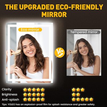 Дзеркало для ванної кімнати YOLEO з підсвічуванням 90x70 см, LED дзеркало з переднім та заднім освітленням, дзеркало з пам'яттю, 3 регульовані кольори світла, антизапарник 90x70 см