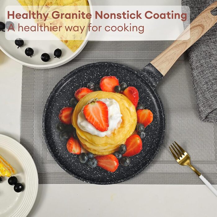 Сковорода для крепів та млинців JEETEE 24 см з антипригарним покриттям, ручка з бакеліту, сумісна з усіма плитами, без PFOA, сіра