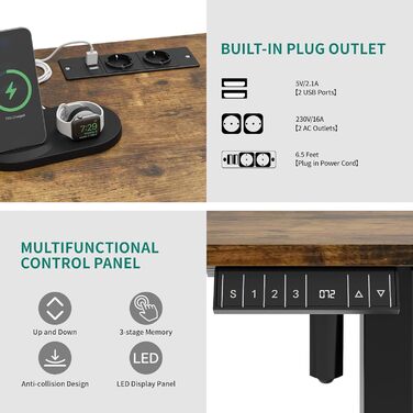 Електричне регулювання висоти. Письмовий стіл, 2 USB, розетки, 120x60x(72-120) см, зрощувальна дошка, підставка для рук з пам'яттю, сидячий/стоячий стіл, коліщатка на 360, (100x60x120см, вінтажний коричневий)