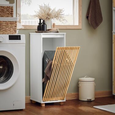 Тумбочка у ванну кімнату SoBuy, вузька, 33x165x33 см, з бамбуковими дверцятами, білий колір, для зберігання речей