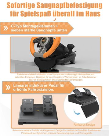 Ігровий кермо PXN V3 Pro з педалями, 180° поворот, вібрація, перемикачі на кермі та педалях - для PC, PS4, PS3, Xbox, Nintendo Switch (Помаранчевий)
