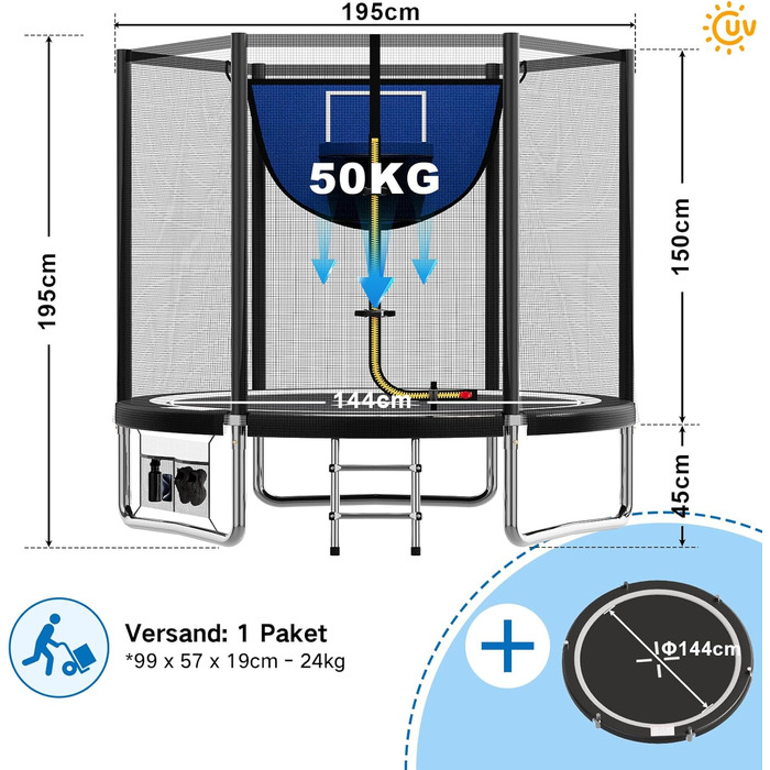 Батут Devoko вуличний Ø183/228/305/366/427 см, сертифікат GS, дитячий батут для саду з сіткою, драбиною та захисним покриттям (183 см, чорно-синій)