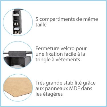 Підвісна полиця для шафи-купе - Органайзер для білизни - Посилена деревом і картоном, стійка - 5 відділень - Сіра - 30х30х100 см