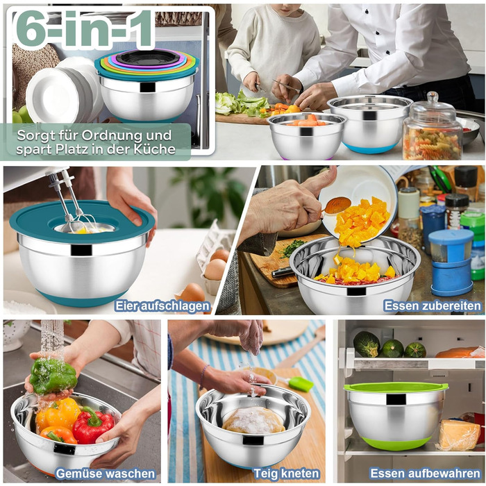 Набір мисок HaWare 6 шт. з нержавіючої сталі, 6 мисок + 6 кришок + 3 тертки, об'єм 4.6/2.8/2.5/1.6/1.2/0.7л, з антиковзним силіконовим дном, для миття в посудомийній машині
