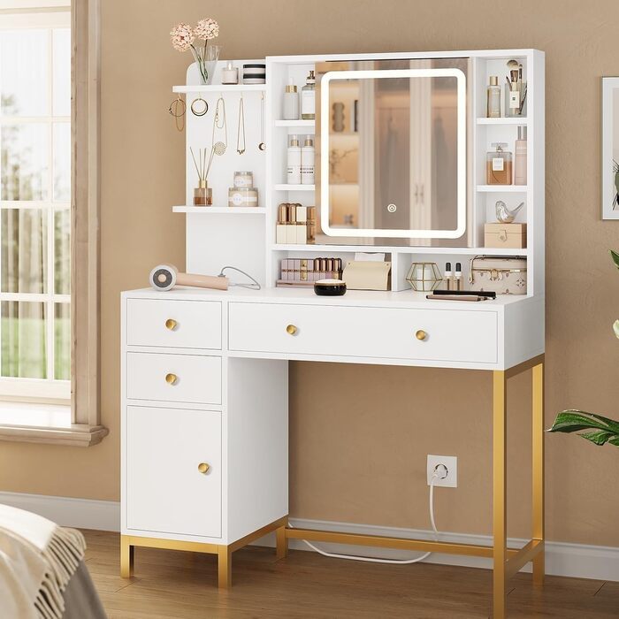 Трюмо AOGLLATI з розеткою, LED-підсвічуванням, регульованою яскравістю, шухлядами та полицями. Косметичний столик зі дзеркалом (білий)