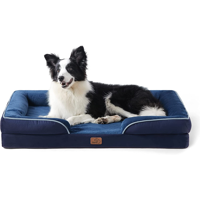 Ортопедичне ліжко для собак ергономічний диван для собак-диван для собак розміром 89x63 см з пінопластом у формі яйця для середніх собак, можна прати нековзні ліжка для собак, (XL (106X80X16 см), темно-синій)