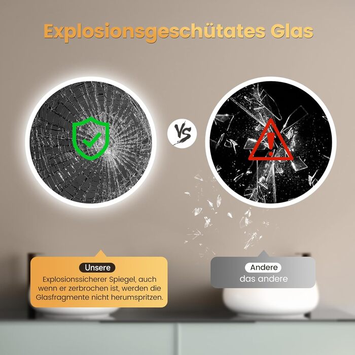 Дзеркало для ванної кімнати YOLEO з підсвічуванням 70см, LED дзеркало з Bluetooth, сенсорне управління, захисне скло, 3 кольори світла, регулювання яскравості, 70x70 см