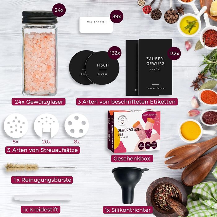 Набір скляних банок для спецій [24 x 120 мл] з 301 етикеткою (німецька мова) | Матові чорні кришки | Контейнери для спецій з металевими кришками та дозатором. Кутові скляні банки, набір 24 шт, чорний колір - 24 - чорні етикетки