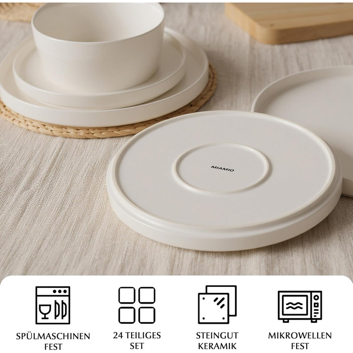Набір посуду Miamio для 8 осіб (24 шт.) з кераміки, сучасний дизайн, безпечний для миття в посудомийній машині та використання в мікрохвильовій печі, білий, преміум-якість
