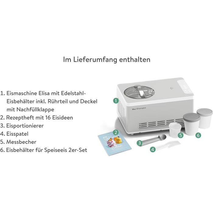 Морожениця та йогуртниця SPRINGLANE Elisa 2.0 л, самоохолоджувана, нержавіюча сталь, в т.ч. буклет з рецептами