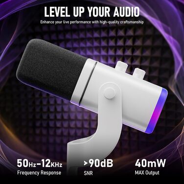 Мікрофон Facmogu для подкастів та стрімінгу, USB/XLR, з RGB-підсвічуванням та регулюванням гучності, білий