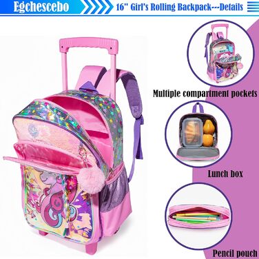 Дитячий рюкзак Egchescebo Satchel для дівчаток на колесах 17 3PCS Туристичні рюкзаки (Pink-djs)