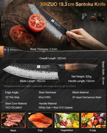 Ніж Сантоку XINZUO Damaststahl 19,3 см з нержавіючої сталі Дамаск, професійний кухонний ніж, серія Mo, ергономічна ручка з білого дуба