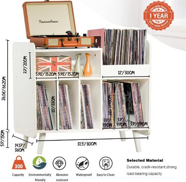 Стіл для програвача вінілу, стійка для програвача середини століття з місцем для зберігання до 350+ платівок, шафа для вінілових платівок з регульованими полицями (Білий)