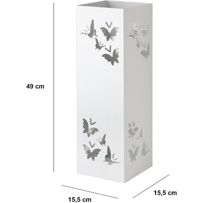 Підставка для парасольок прямокутної форми металева з ясенем метелика, 15,5х15,5х49 см, з внутрішнім гачком і знімною дощовою мискою, кольорова (біла)
