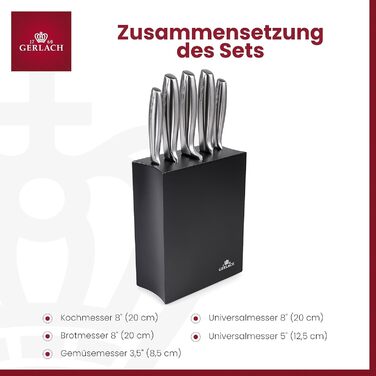 Набір кухонних ножів Gerlach Modern: 5 ножів у блоці з нержавіючої сталі. Кухонні ножі, блендер, ніж для хліба, ніж для овочів, кухонні аксесуари