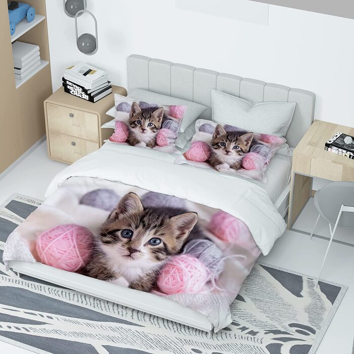 Комплект постільної білизни MIQEBX з милою кішкою для дівчаток і хлопчиків, 3D рожеве підодіяльник з мікрофібри для домашніх тварин, забавний Комплект постільної білизни з принтом домашніх тварин, декор для дитячої кімнати (рожевий, 220x240 см)