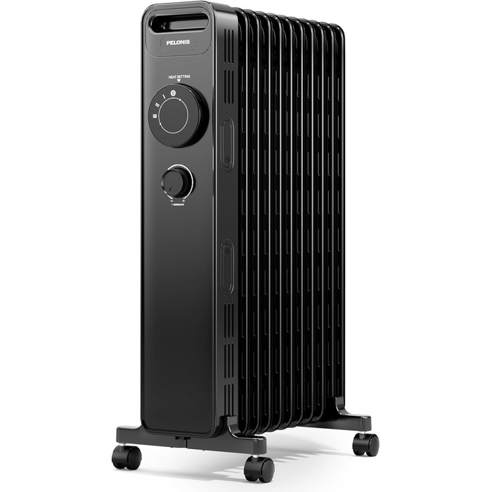 Масляний радіатор PELONIS 2300W з J-подібними ребрами, 3 режими нагріву, термостат, тихий, з захистом від перекидання, енергоефективність A, для спальні, вітальні, офісу, 11 ребер, чорний (без пульта)