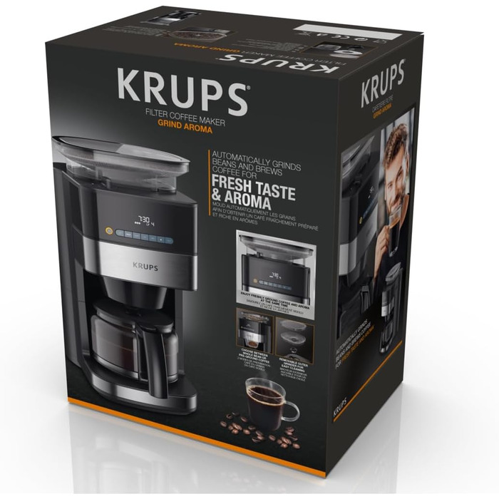 Кавомашина Krups KM8328 Grind Aroma з вбудованим млином | Таймер, 1.25л, 15 чашок | 3 ступені помелу, автовимкнення, чорний